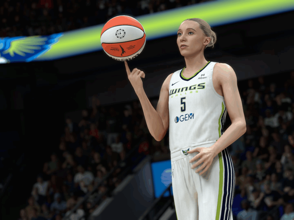 یک خانم در حال انجام حرکت نمایشی در بازی NBA 2K 26